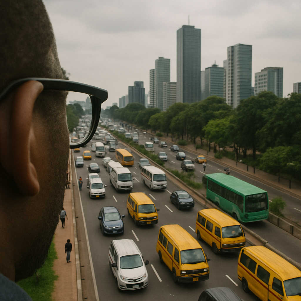AI generated image of a man looking above the road filled with cars to urban city skyline of towers