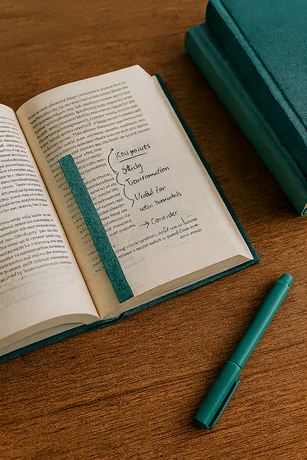 a tabletop scene: an open book with handwritten notes in the margins, maybe a pen or highlighter, a few stacked books nearby.