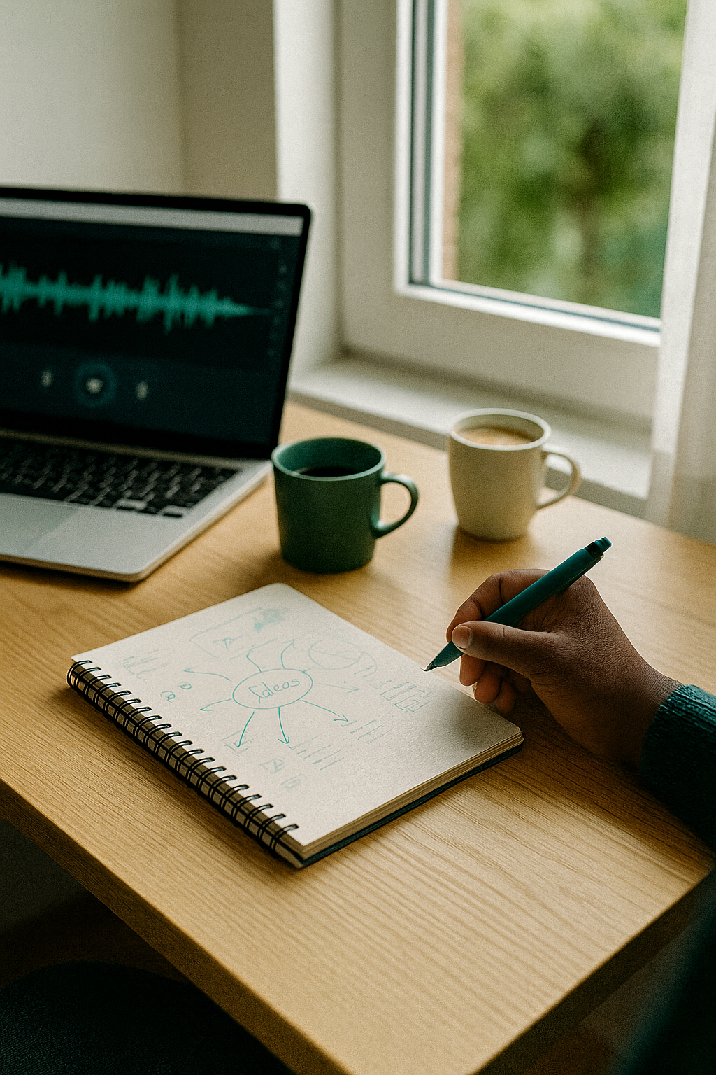 A notebook with scribbles, arrows, mind maps with a person’s hand mid-gesture. Behind are two mug cups and a laptop open with waveforms visible