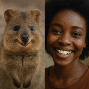 The image shows a split-screen composition: on the left, a close-up of a quokka with a round face and a natural smile, and on the right, a close-up of an African woman smiling warmly. Both faces are softly lit, highlighting their joyful expressions against simple, earthy backgrounds.