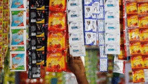 Household items displayed for sale in satchets